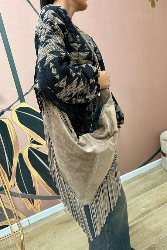 tracolla maxi con frange in pelle - SABBIA