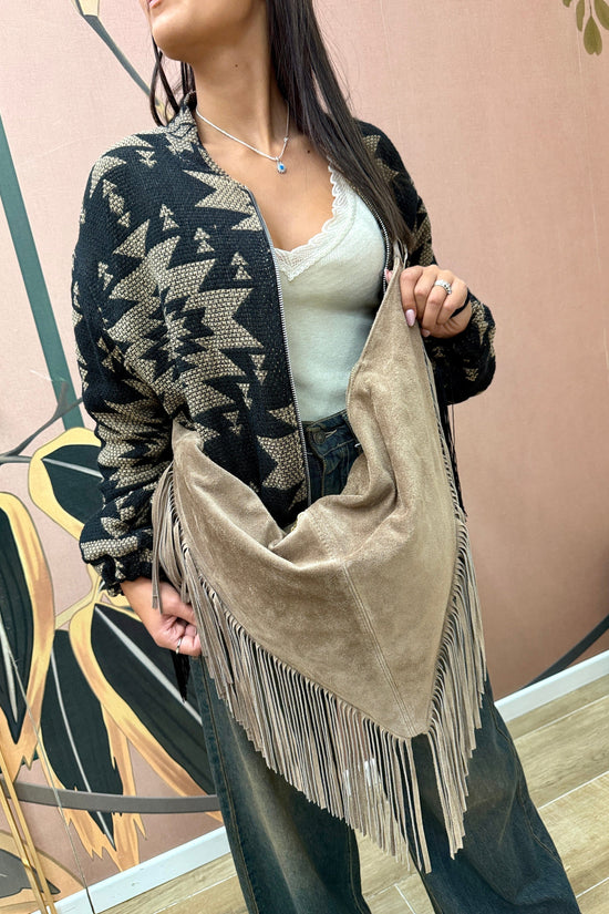 tracolla maxi con frange in pelle - SABBIA