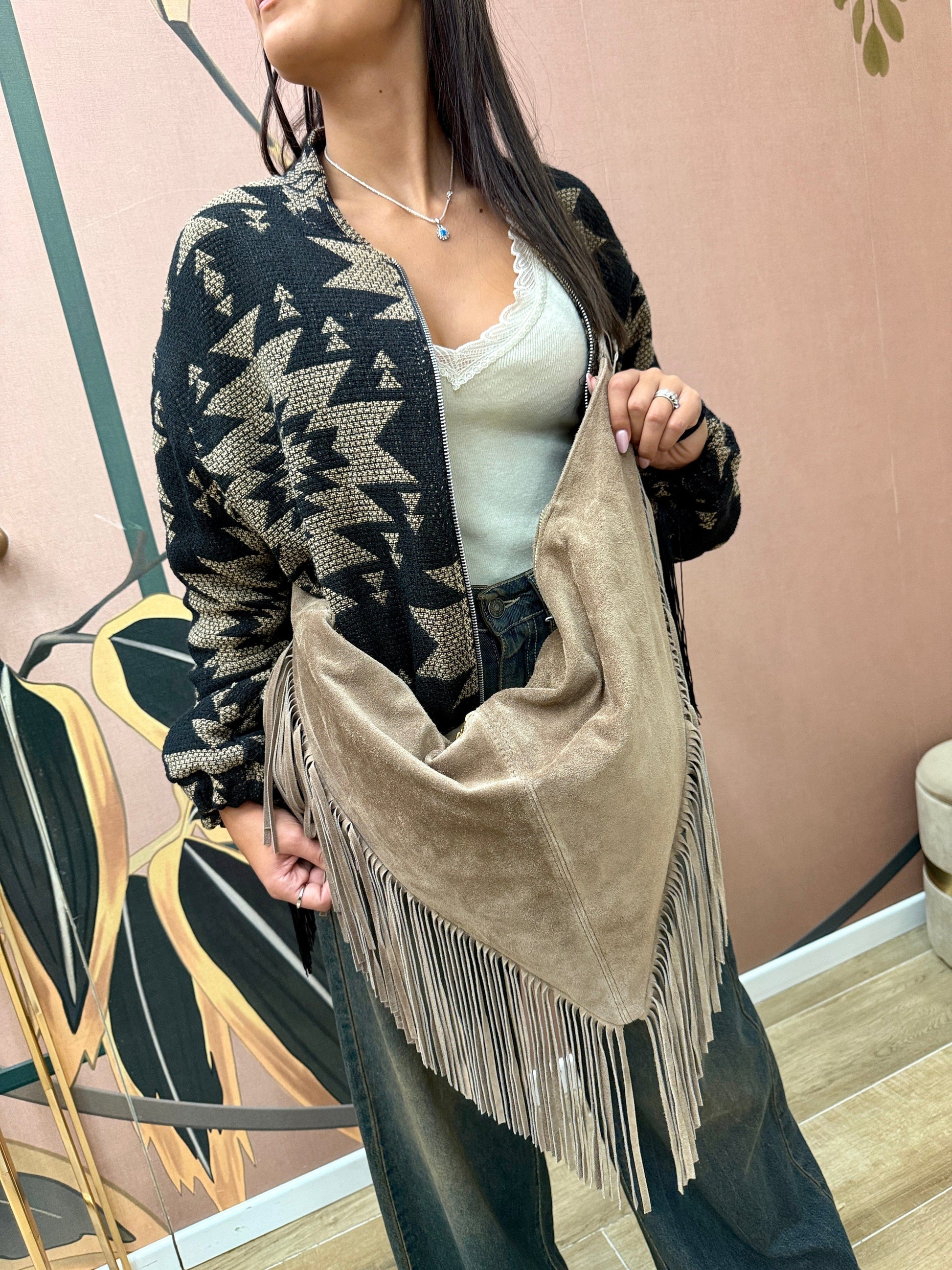 tracolla maxi con frange in pelle - SABBIA