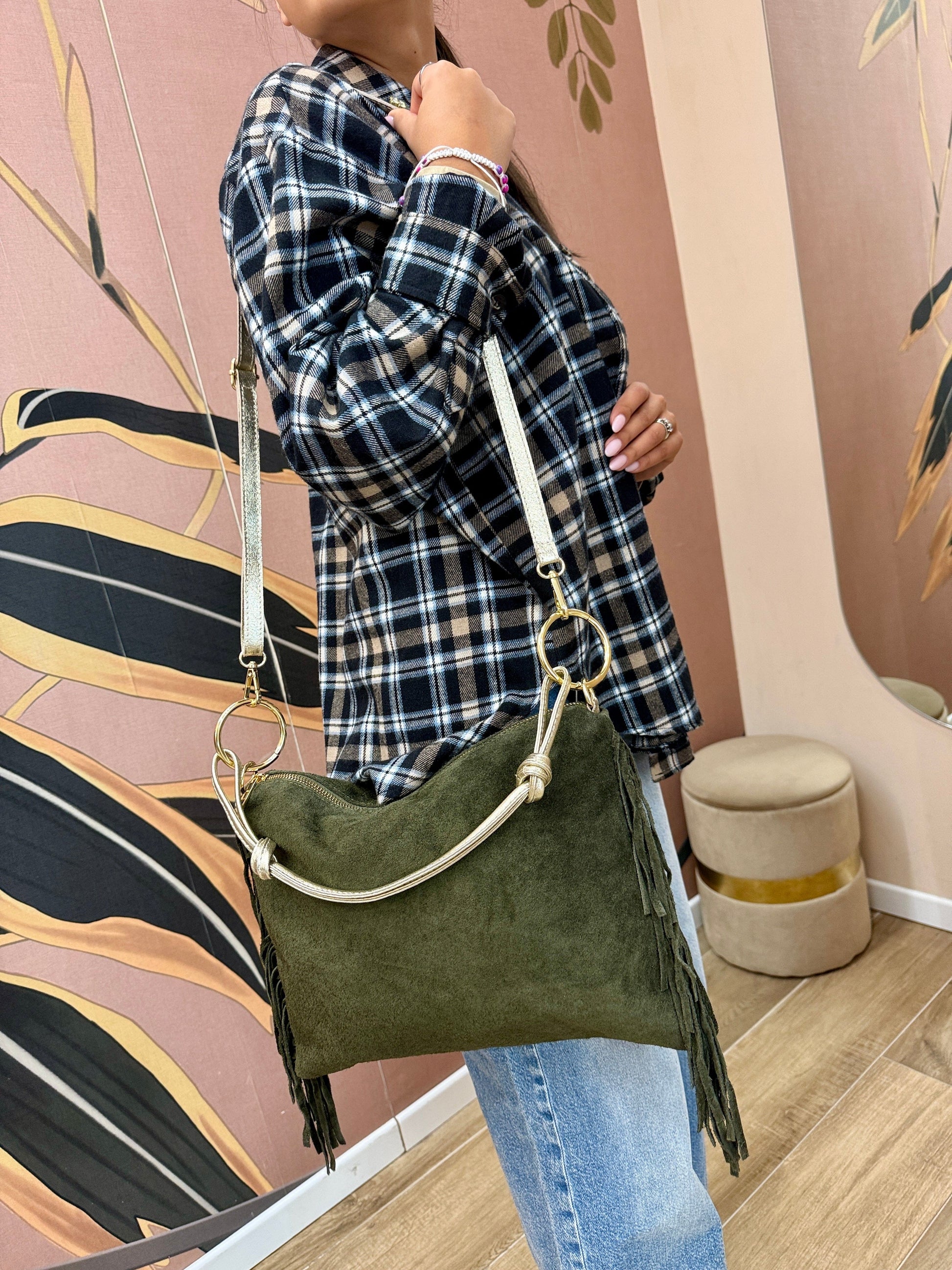 Pochette piatta con frange - CUOIO