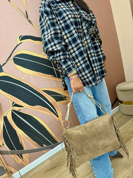 Pochette piatta con frange - TAUPE