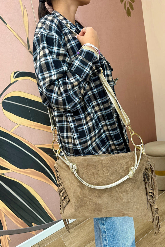Pochette piatta con frange - TAUPE