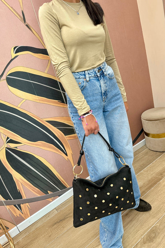 Pochette con borchie in camoscio - NERO