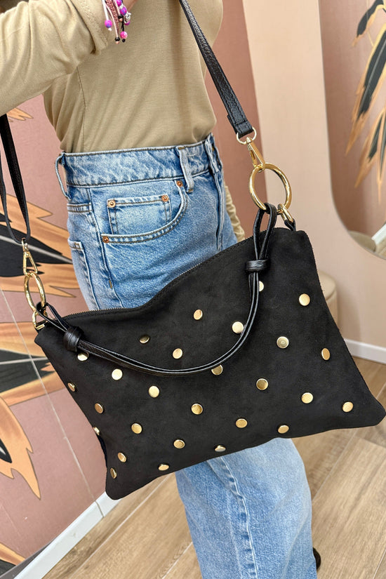 Pochette con borchie in camoscio - NERO