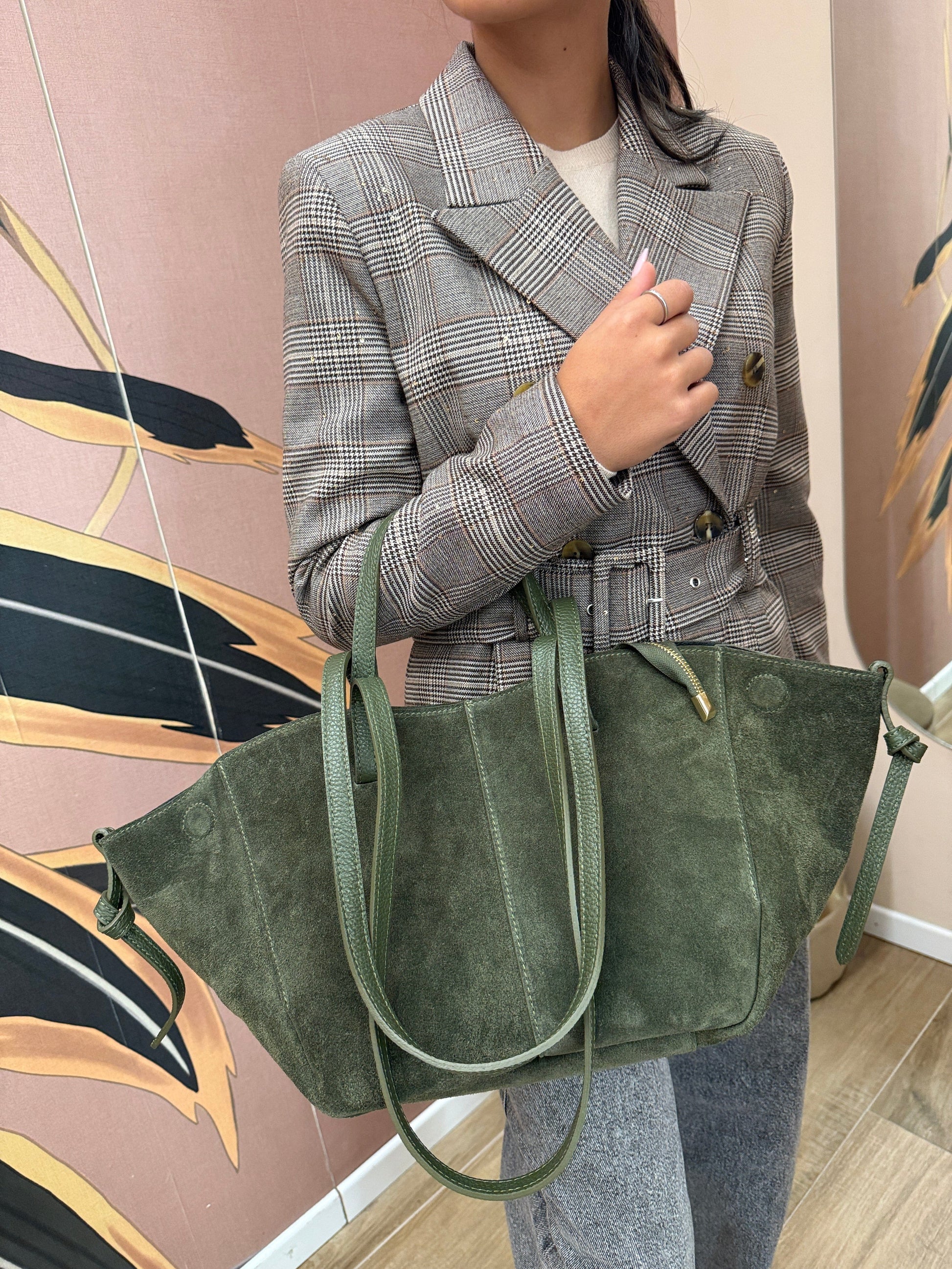 borsa camoscio e pelle doppi manici - VERDE