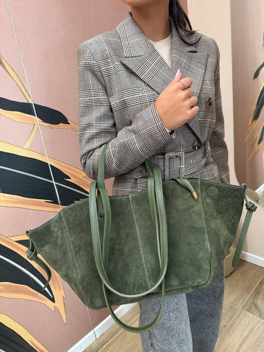 borsa camoscio e pelle doppi manici - VERDE