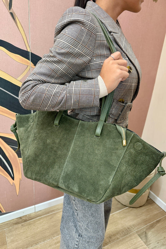borsa camoscio e pelle doppi manici - VERDE
