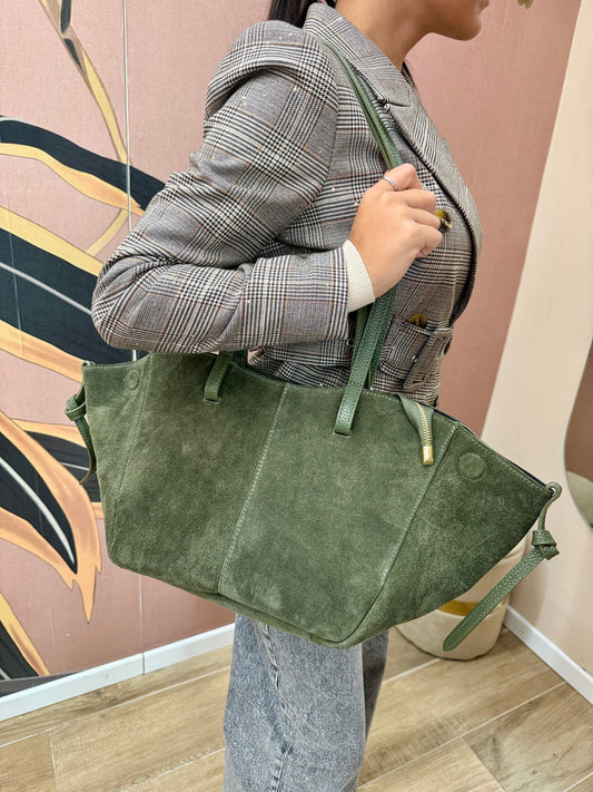 borsa camoscio e pelle doppi manici - VERDE