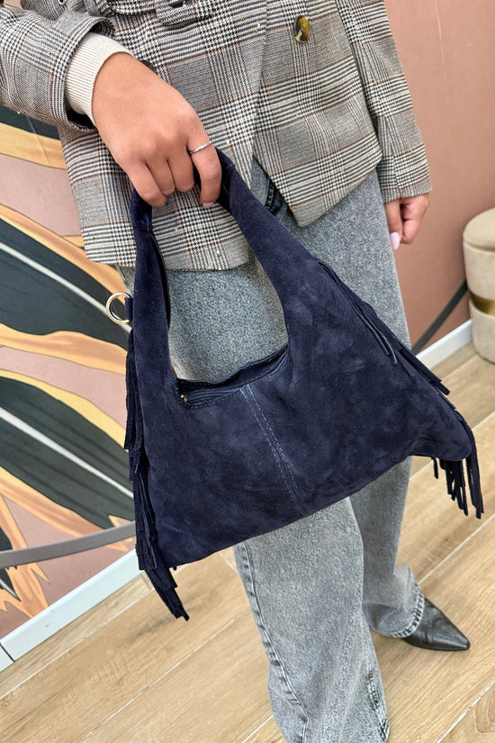 borsa a mano con frange in pelle - BLU