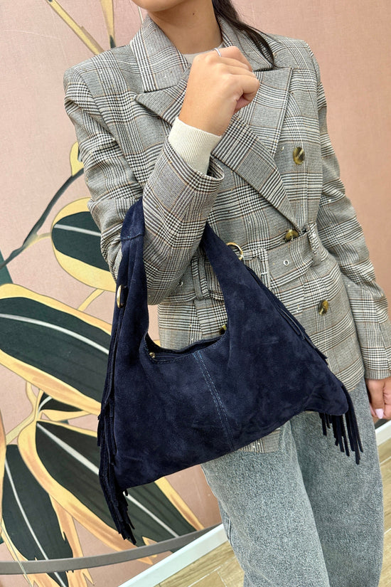 borsa a mano con frange in pelle - BLU