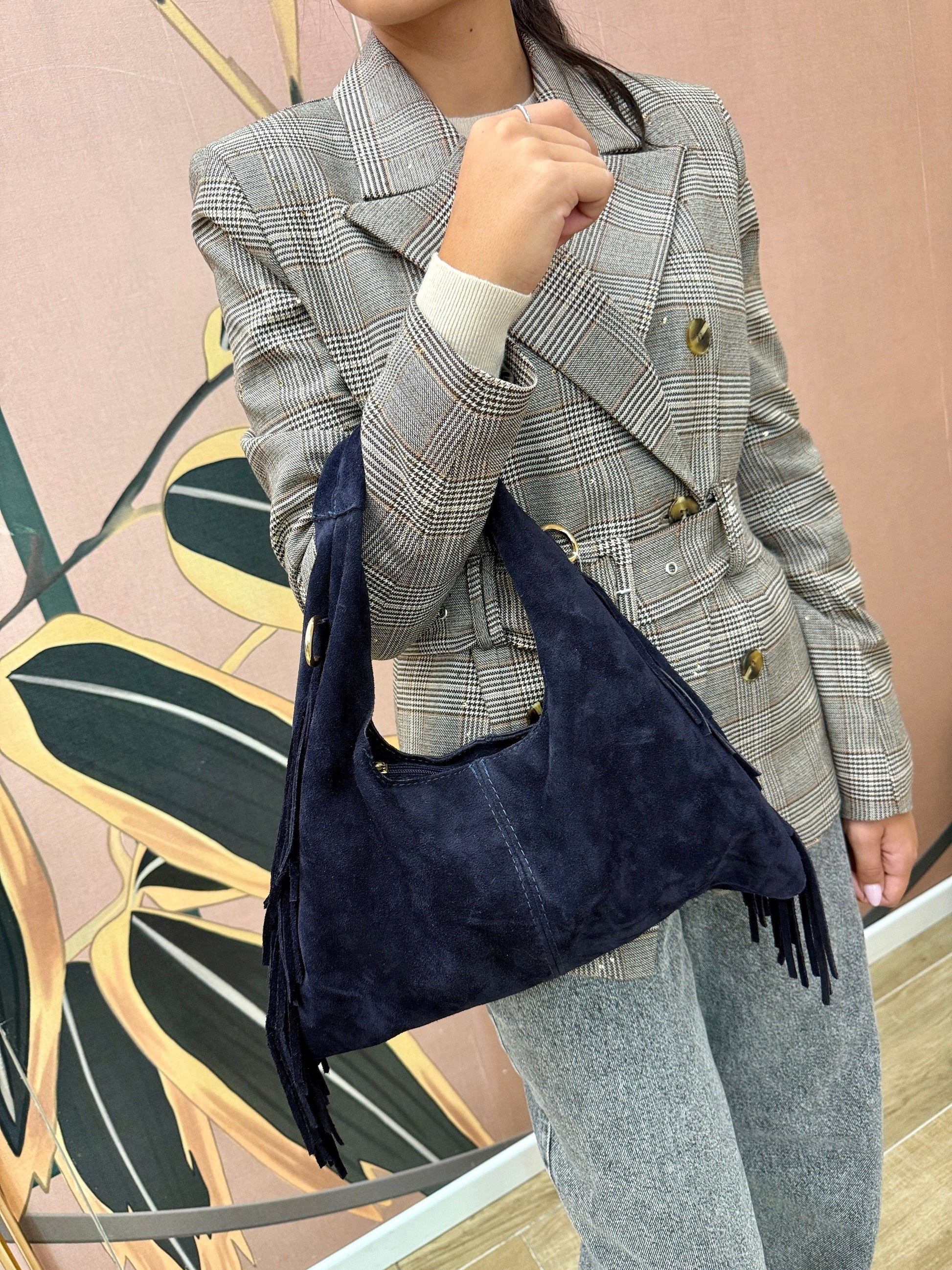 borsa a mano con frange in pelle - BLU