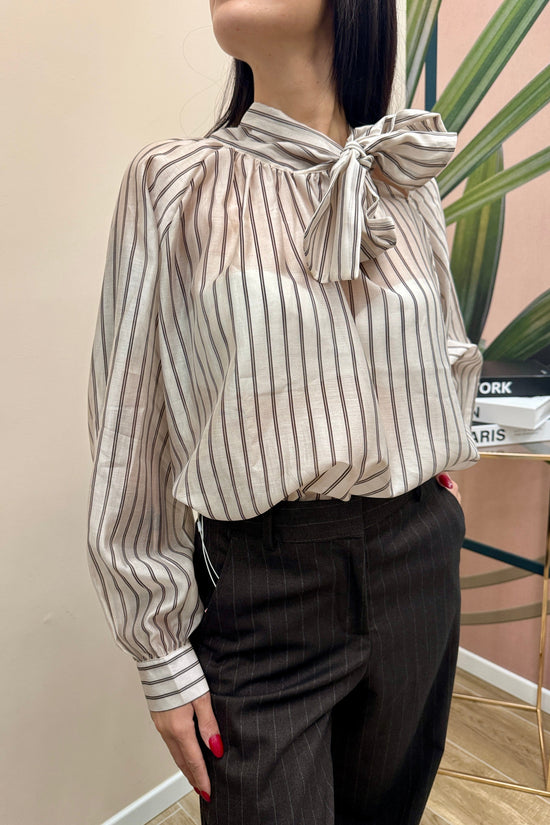 Camicia con fiocco gessata - PANNA