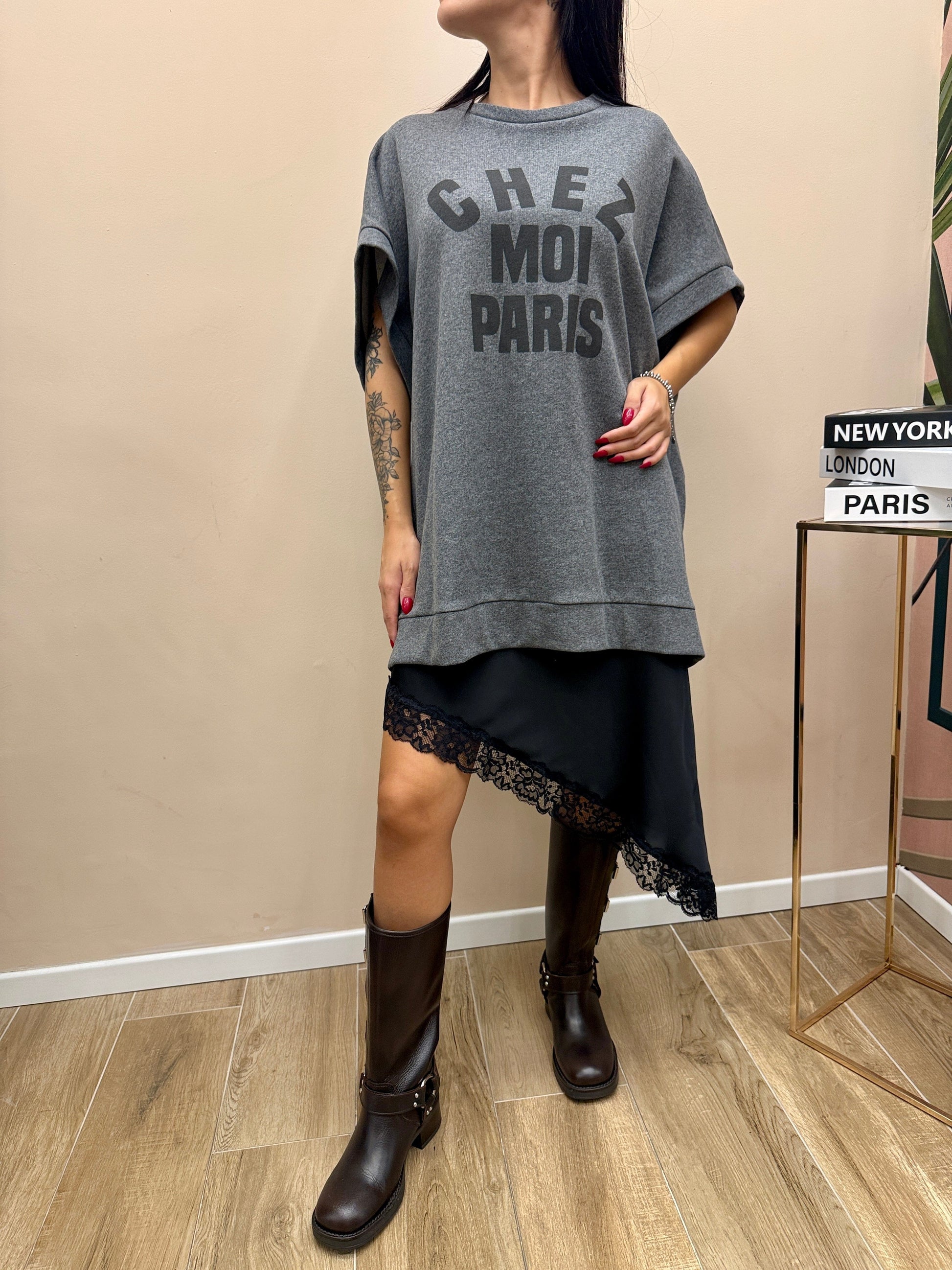 Abito in felpa con pizzo - GRIGIO