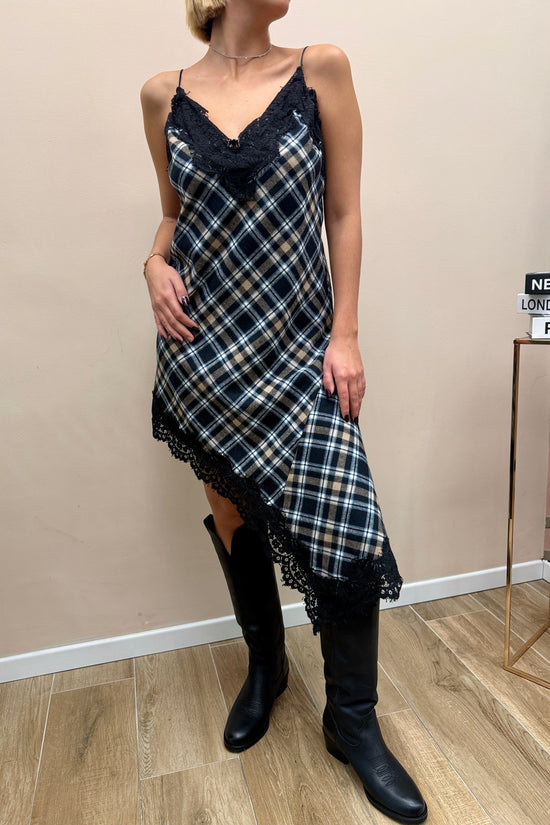 Abito check con pizzo - NERO