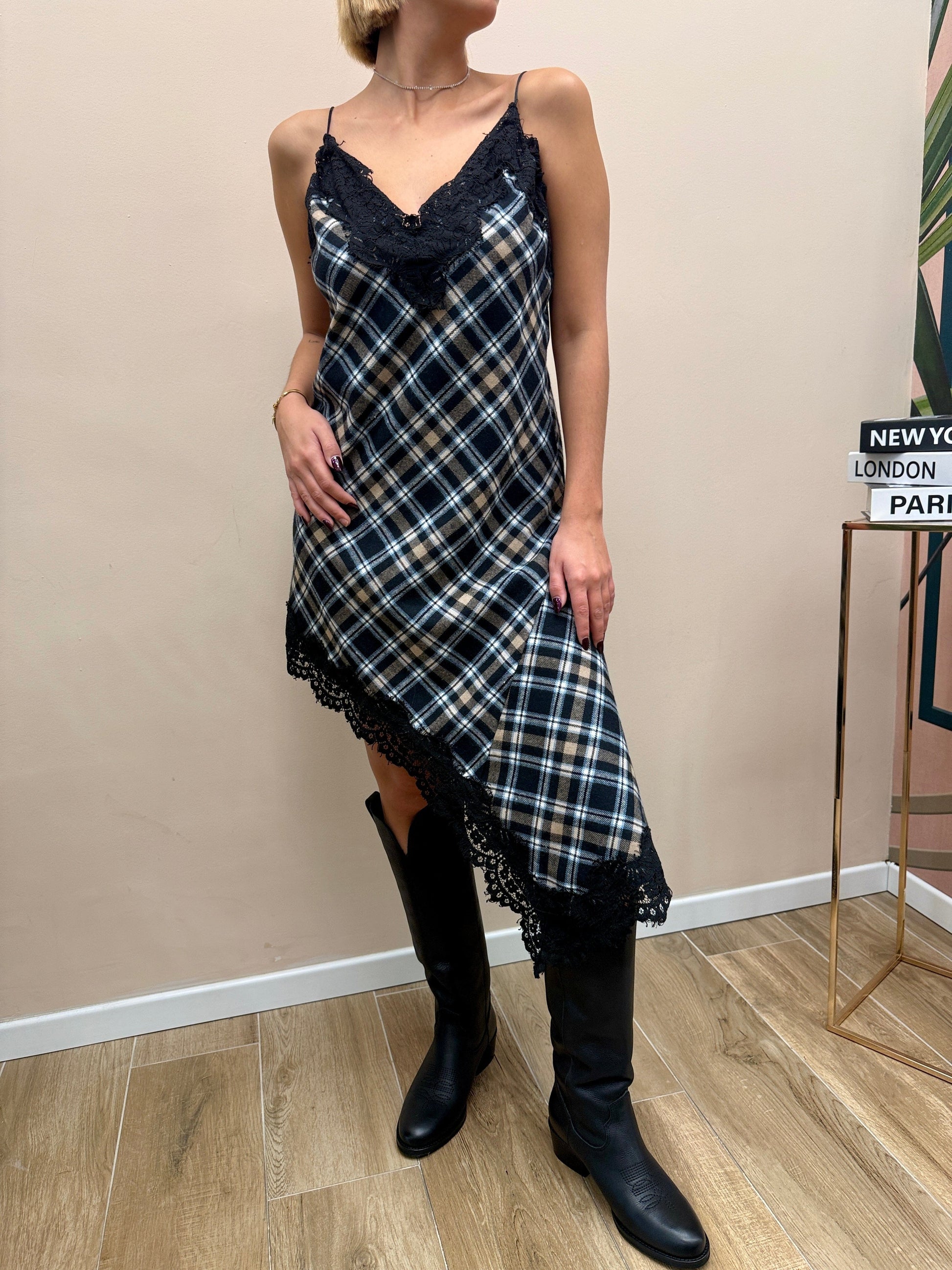 Abito check con pizzo - NERO