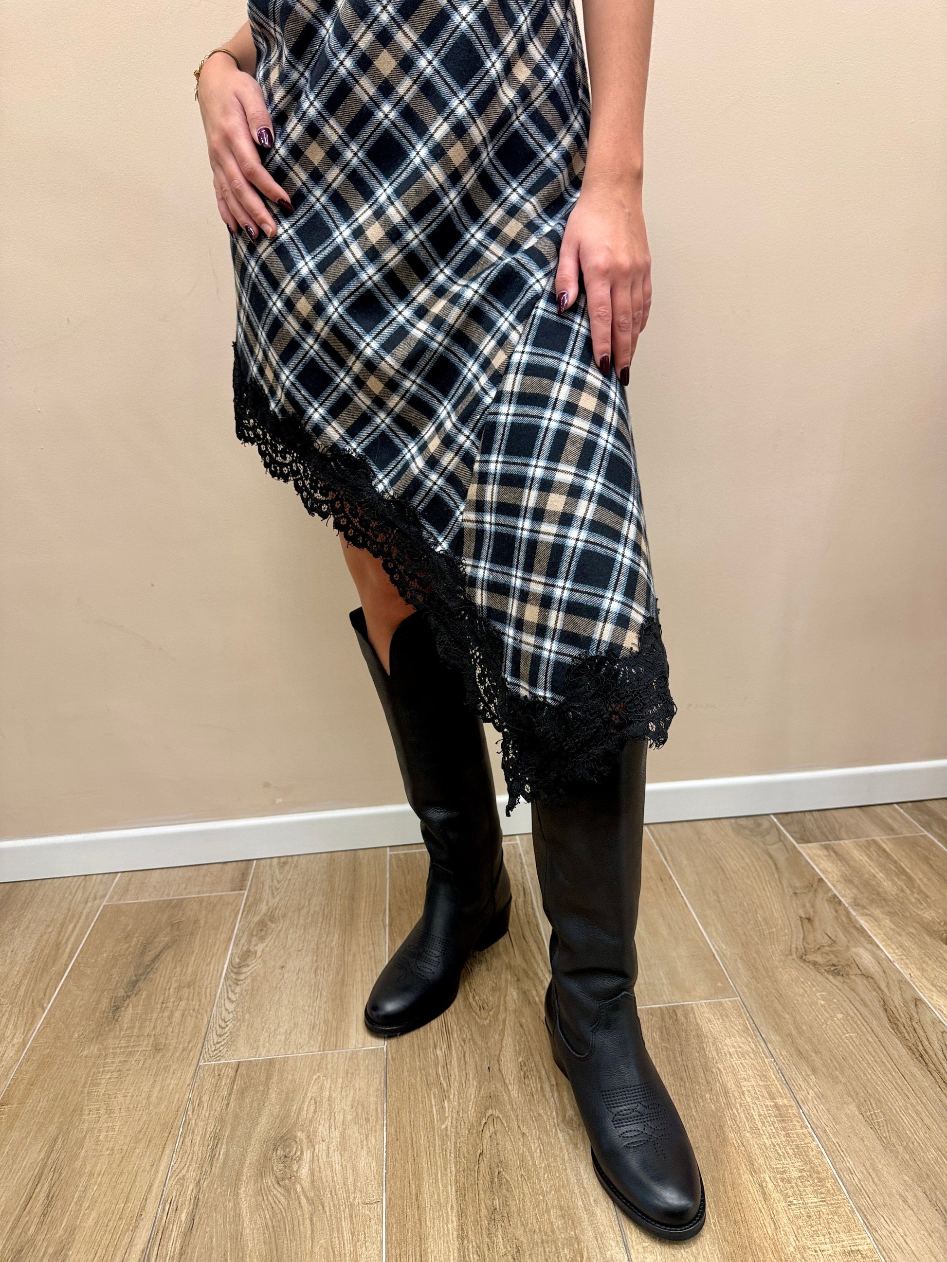 Abito check con pizzo - NERO