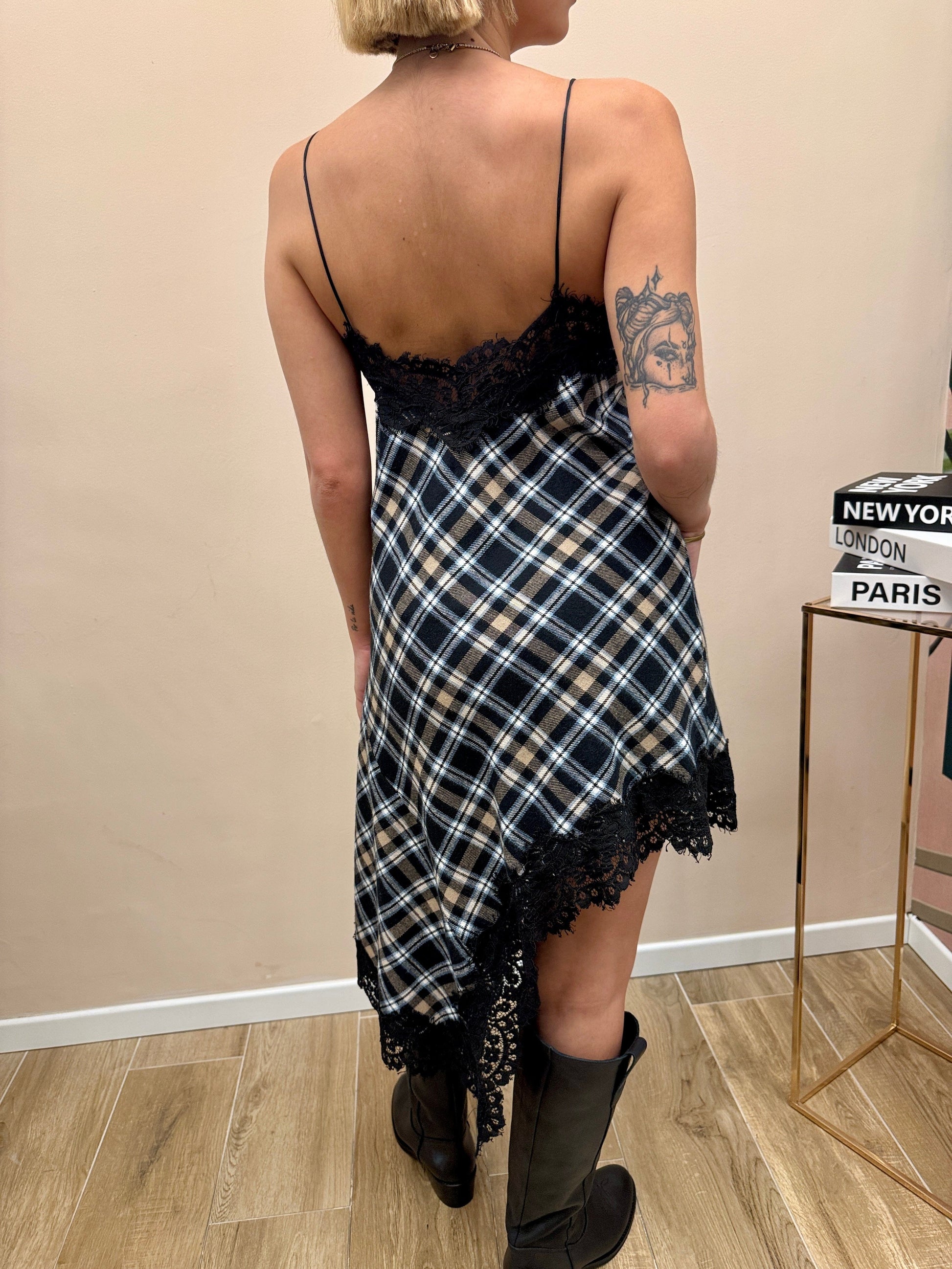 Abito check con pizzo - NERO