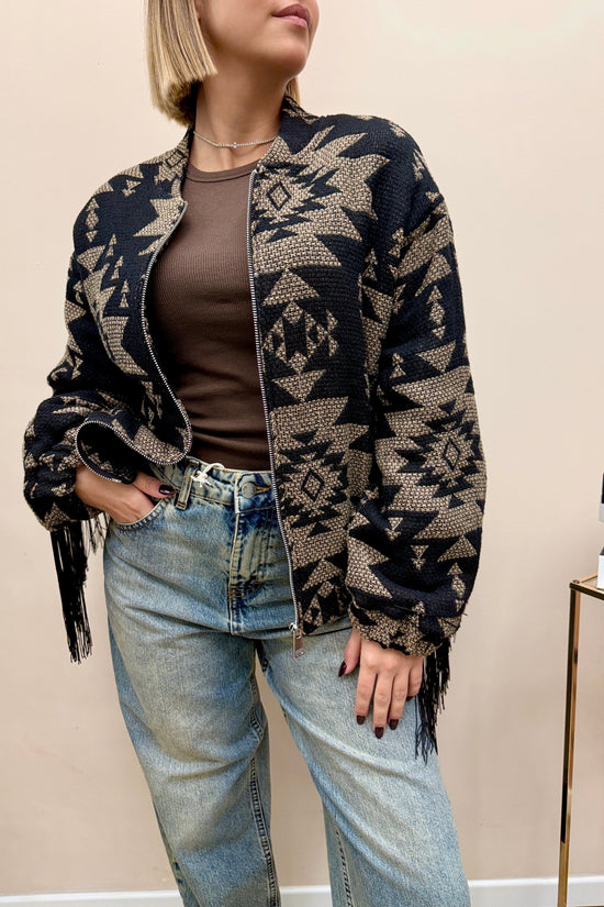 Bomber jacquard con frange - NERO