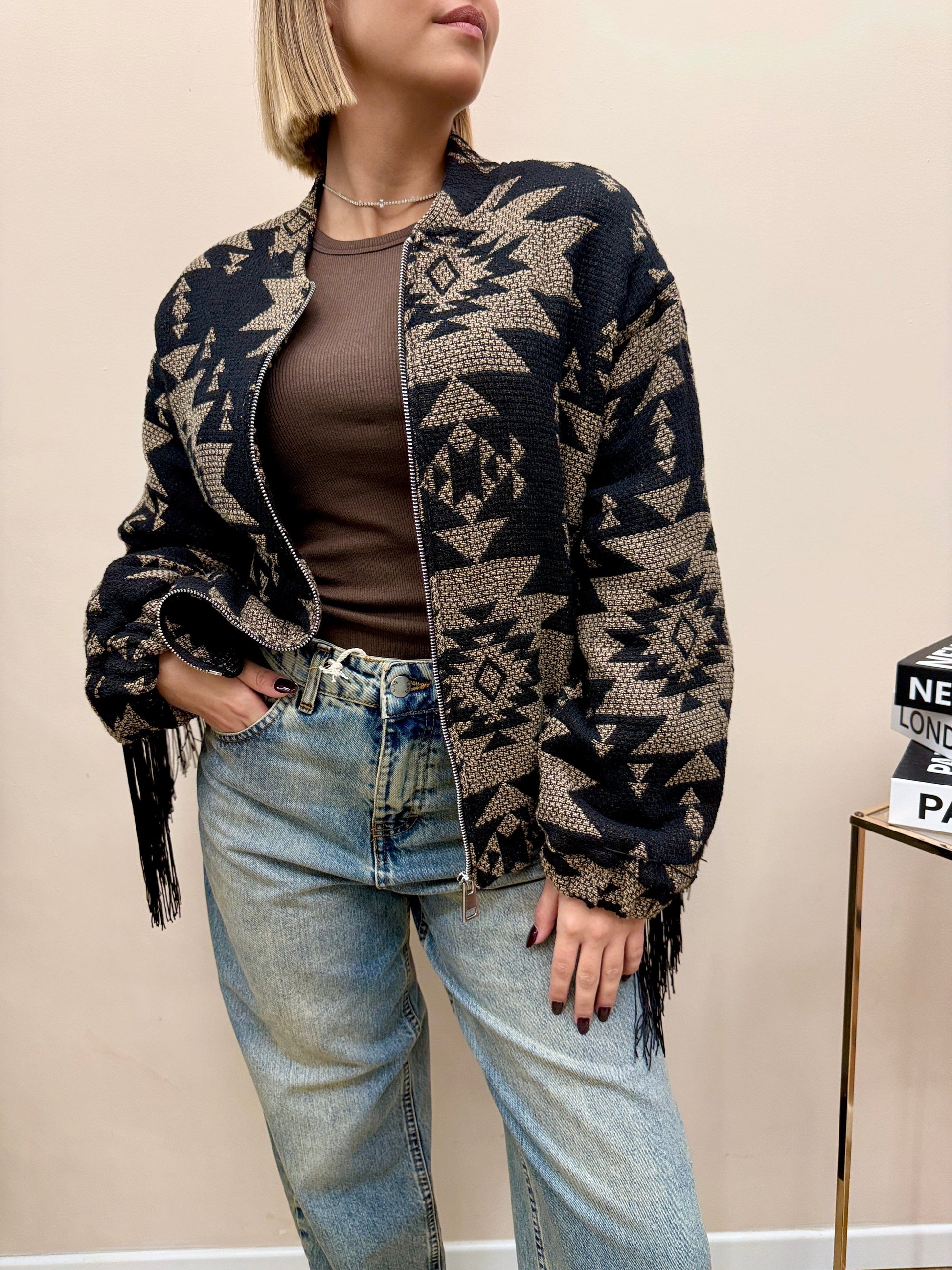 Bomber jacquard con frange - NERO