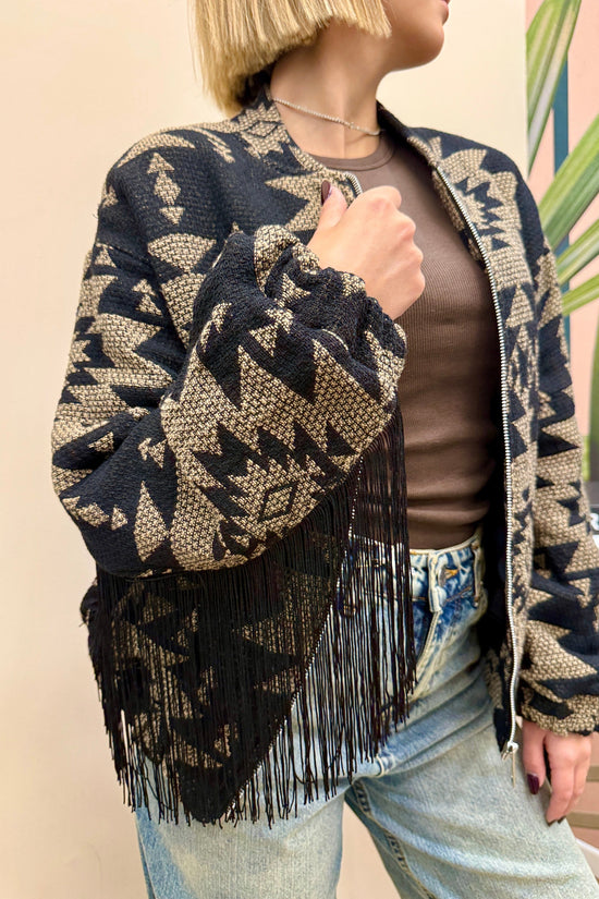 Bomber jacquard con frange - NERO