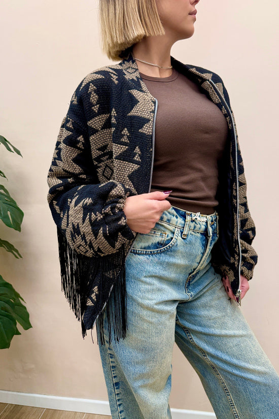 Bomber jacquard con frange - NERO
