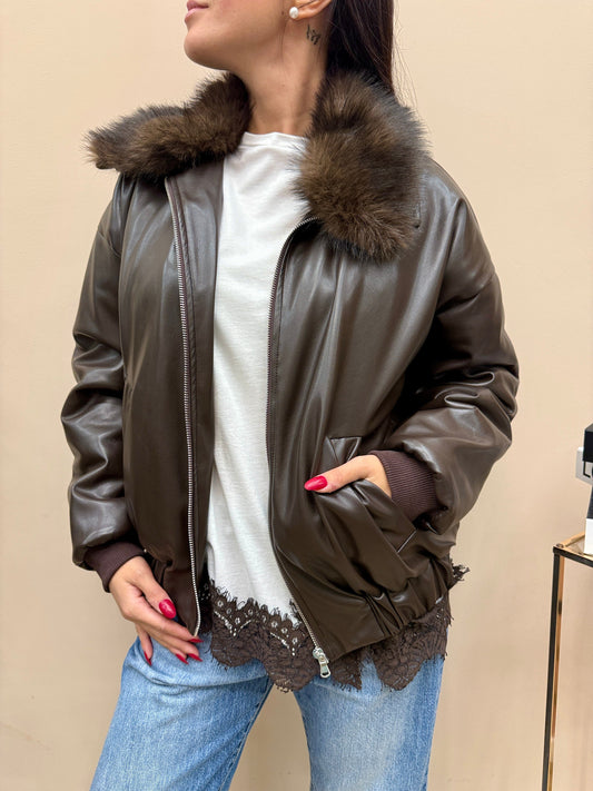 Giubbino ecopelle con pelliccia - MORO