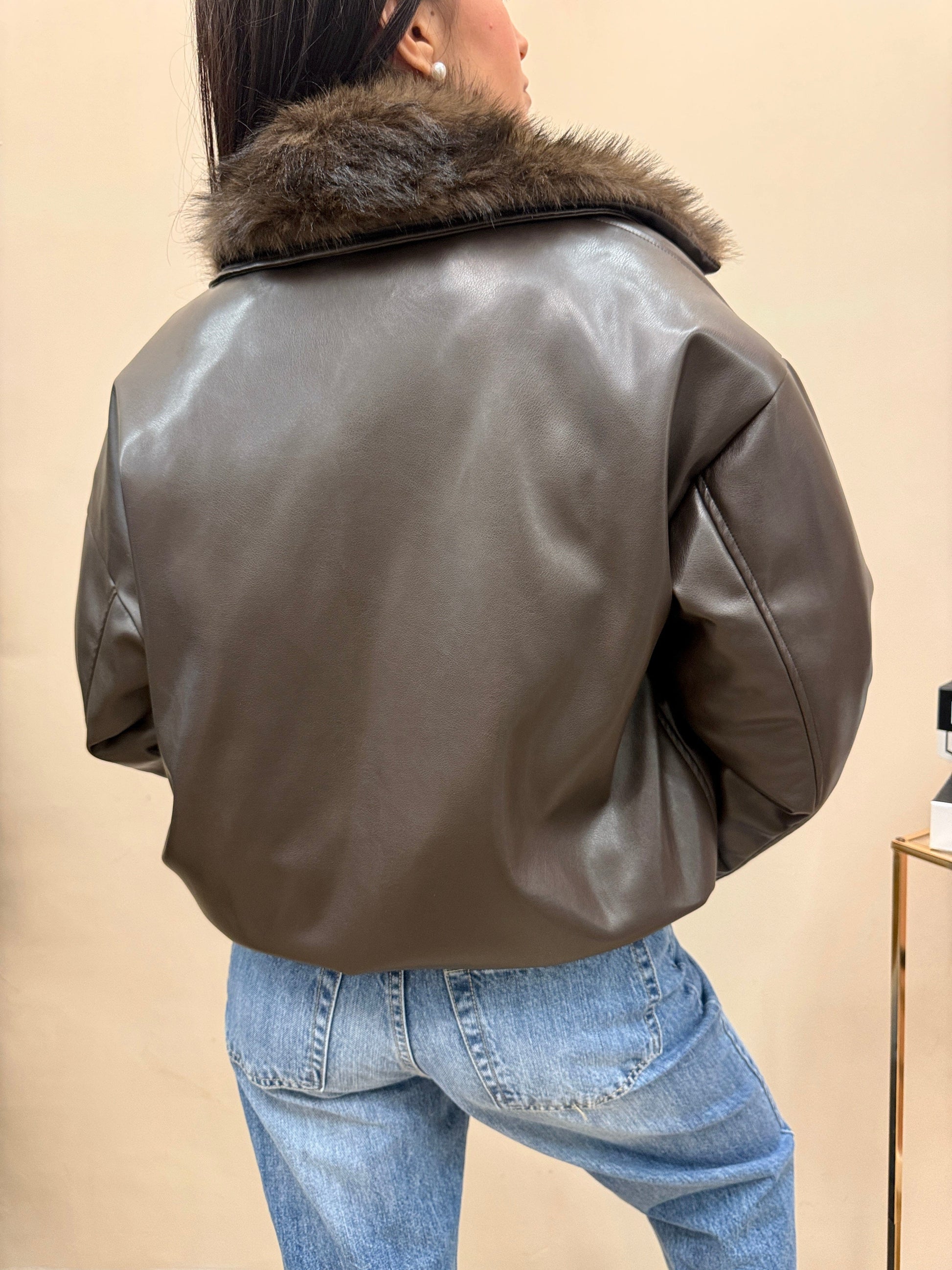 Giubbino ecopelle con pelliccia - MORO