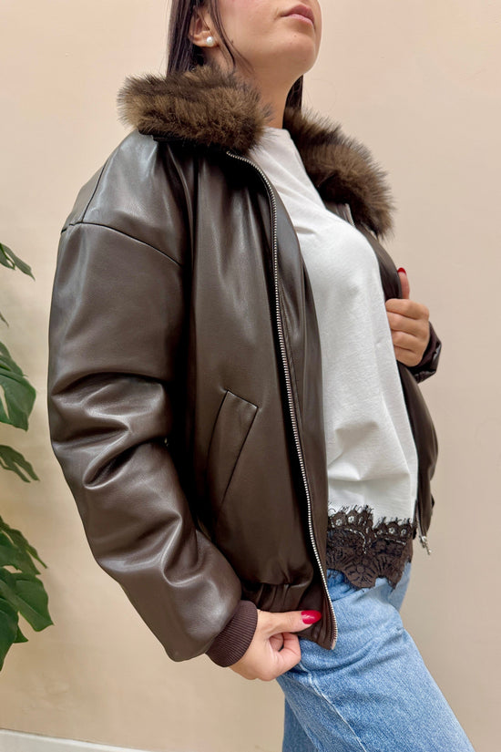 Giubbino ecopelle con pelliccia - MORO