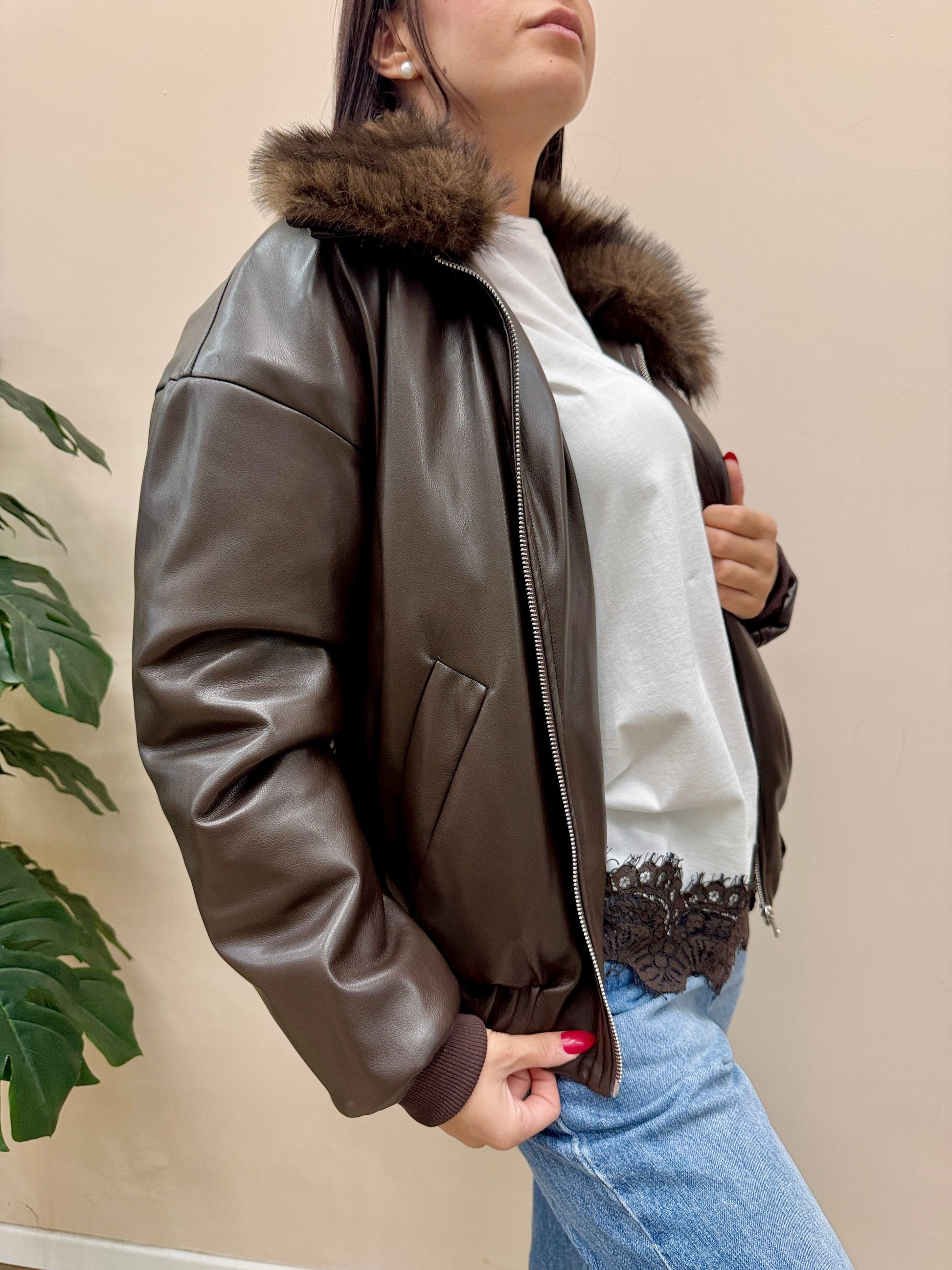 Giubbino ecopelle con pelliccia - MORO