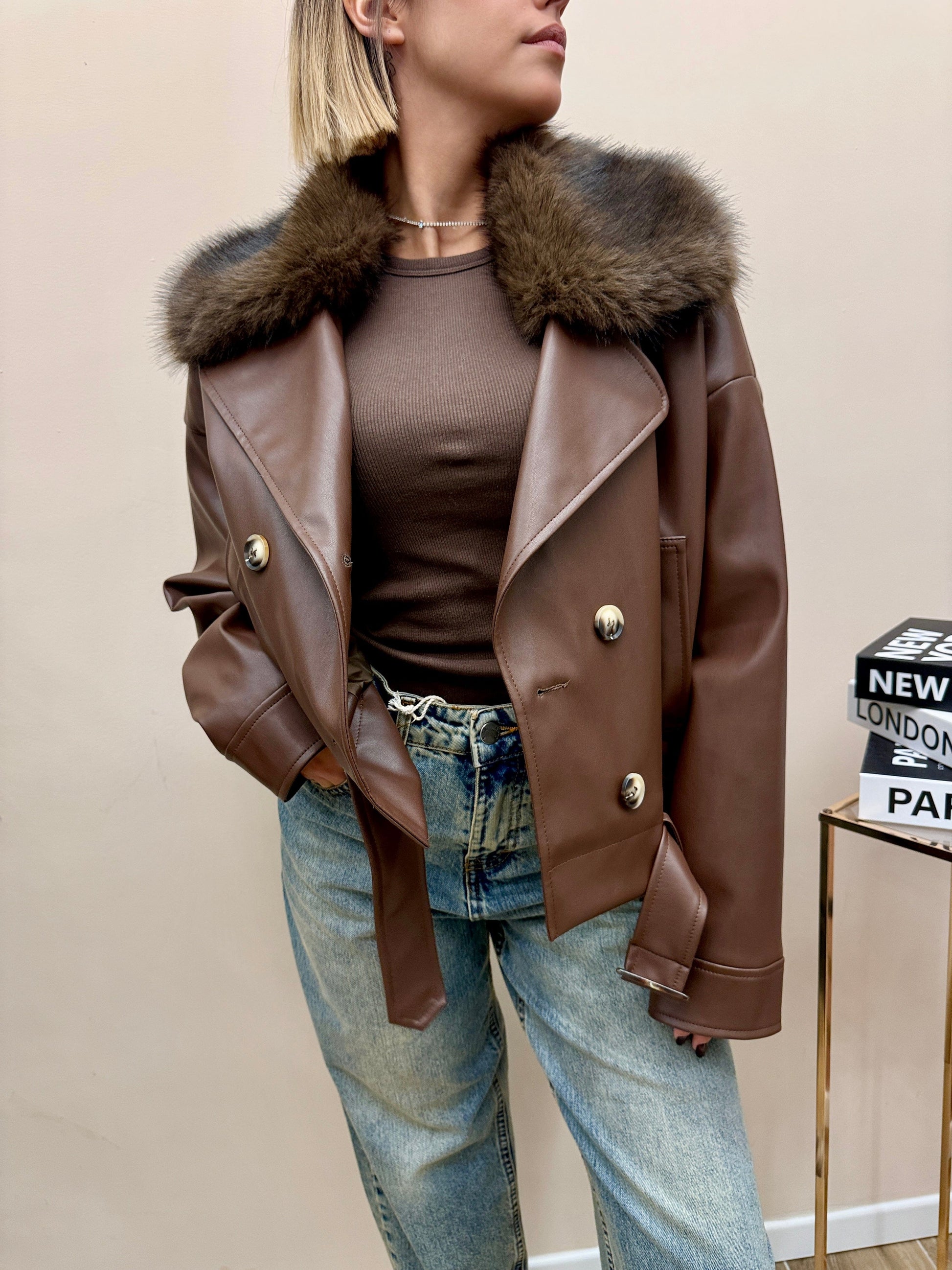 Giacca collo pelliccia - COGNAC