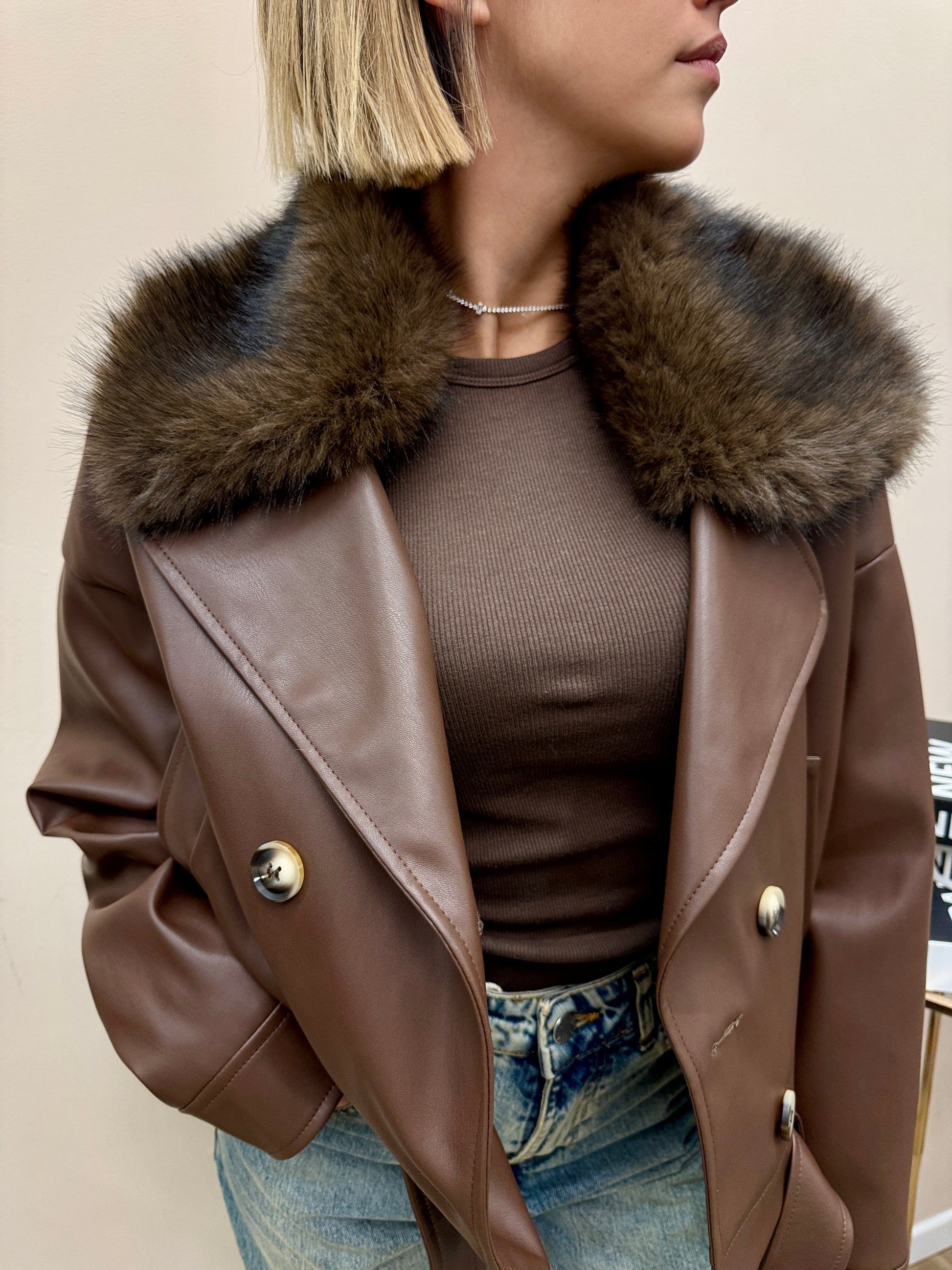 Giacca collo pelliccia - COGNAC