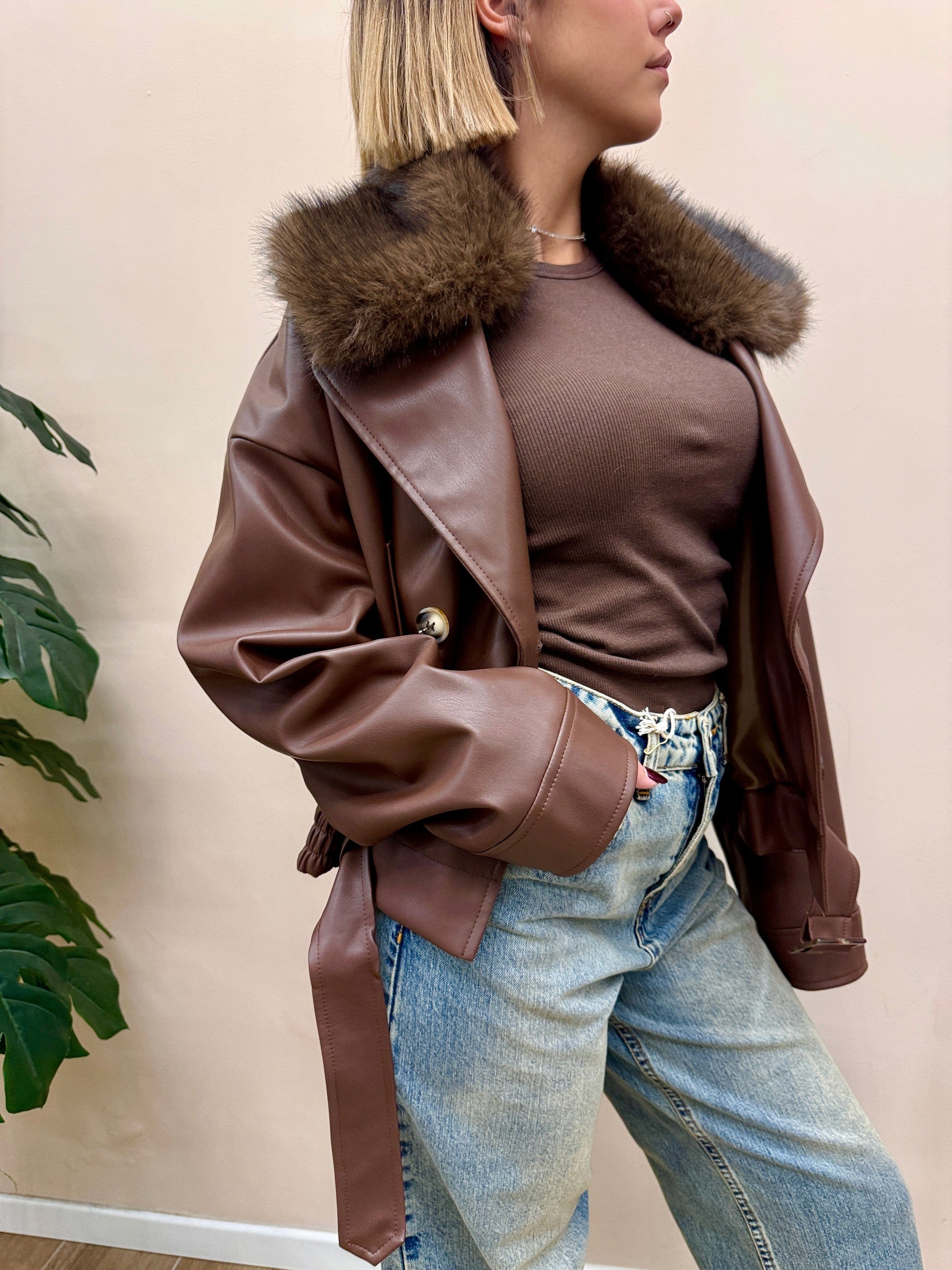 Giacca collo pelliccia - COGNAC