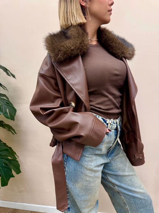 Giacca collo pelliccia - COGNAC