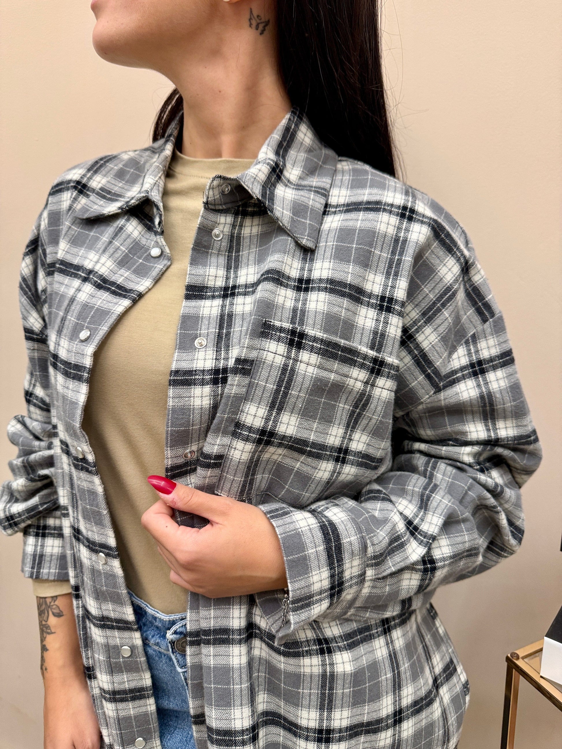 Camicia check con stampa - GRIGIO