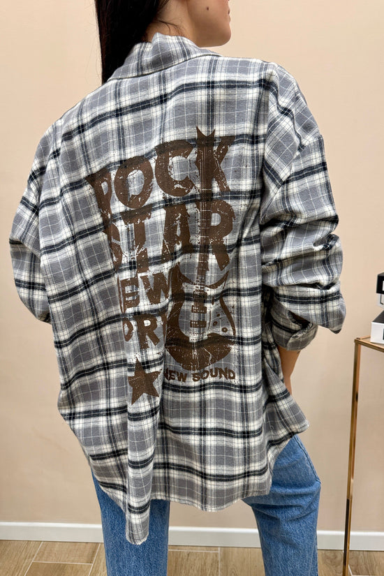 Camicia check con stampa - GRIGIO