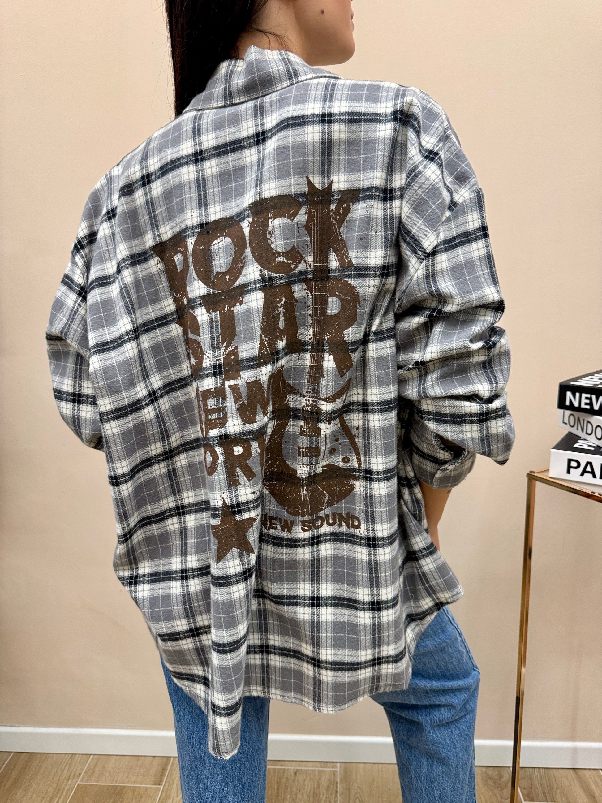 Camicia check con stampa - GRIGIO