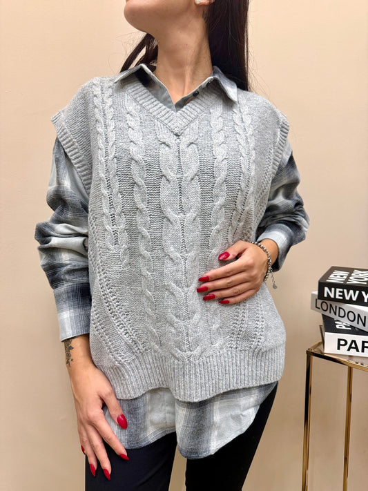 gilet con treccia modello over - GRIGIO