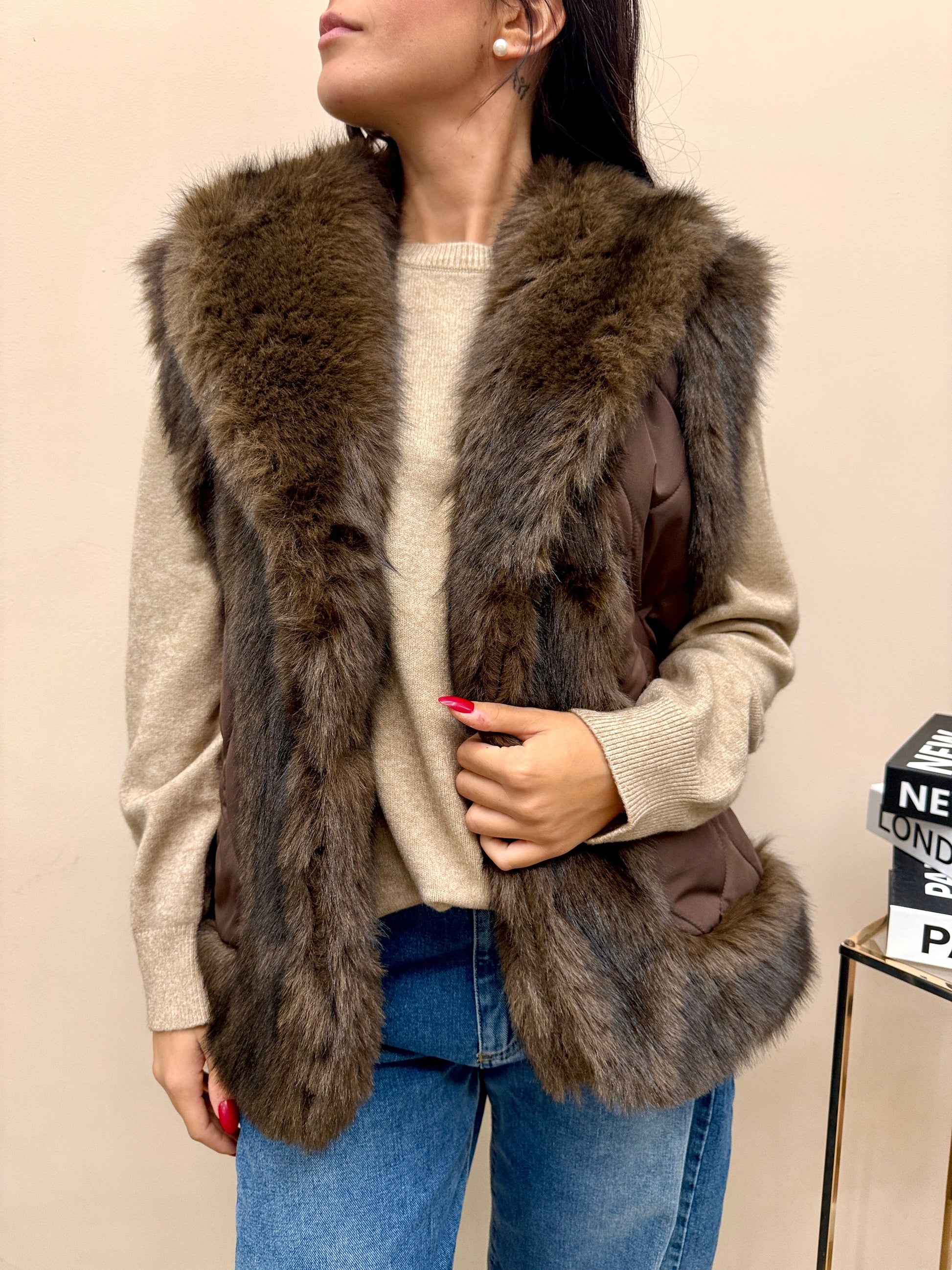 gilet piumino con pelliccia - MORO