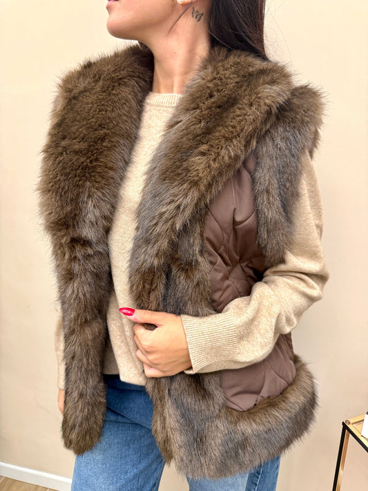 gilet piumino con pelliccia - MORO