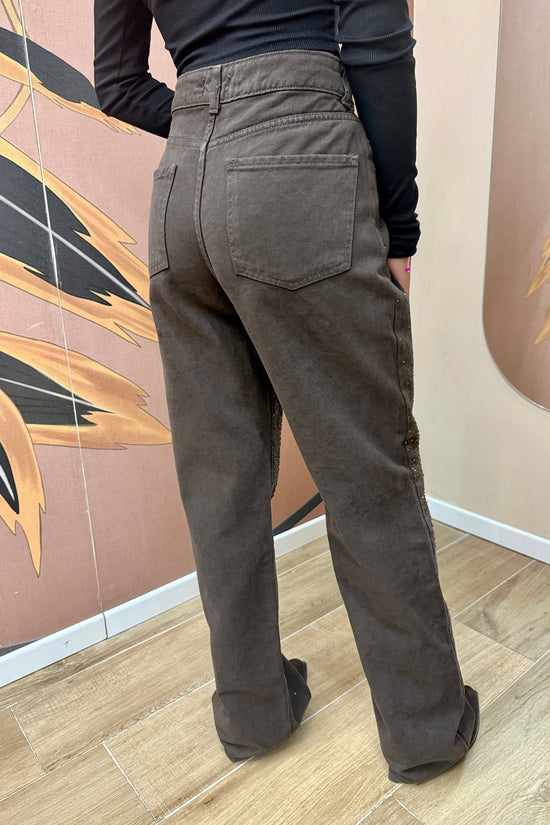 Jeans palazzo con strass - MORO