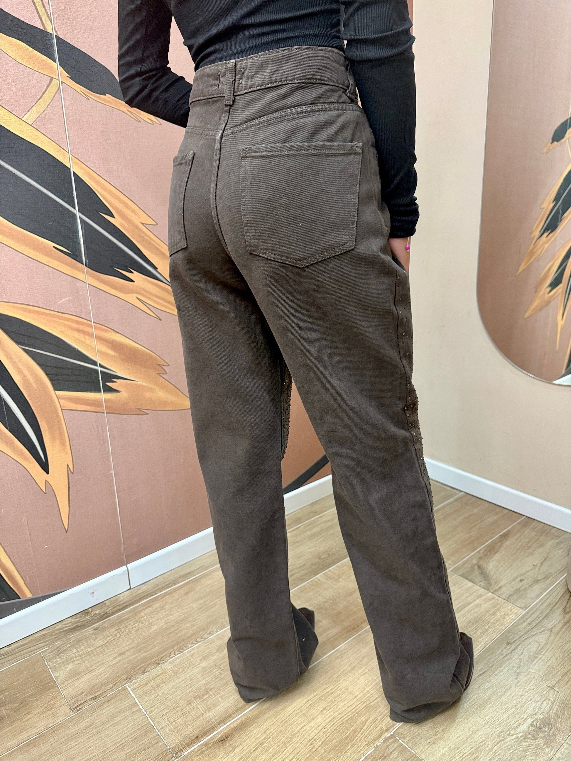 Jeans palazzo con strass - MORO