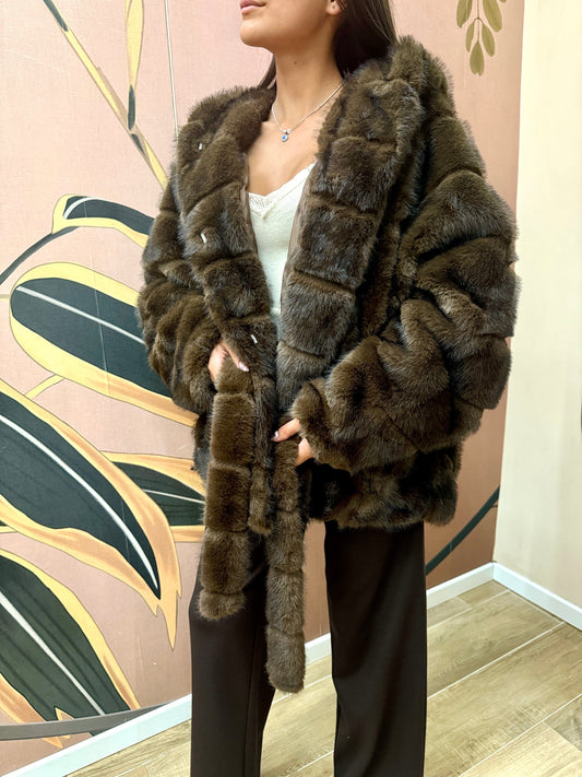 Mantella con cappuccio ecovisone - MORO