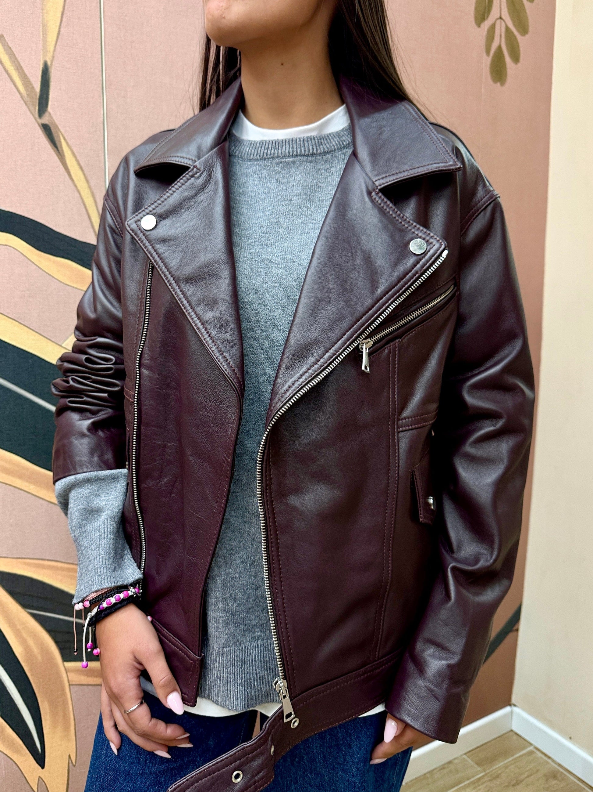 Chiodo over in pelle - MELANZANA