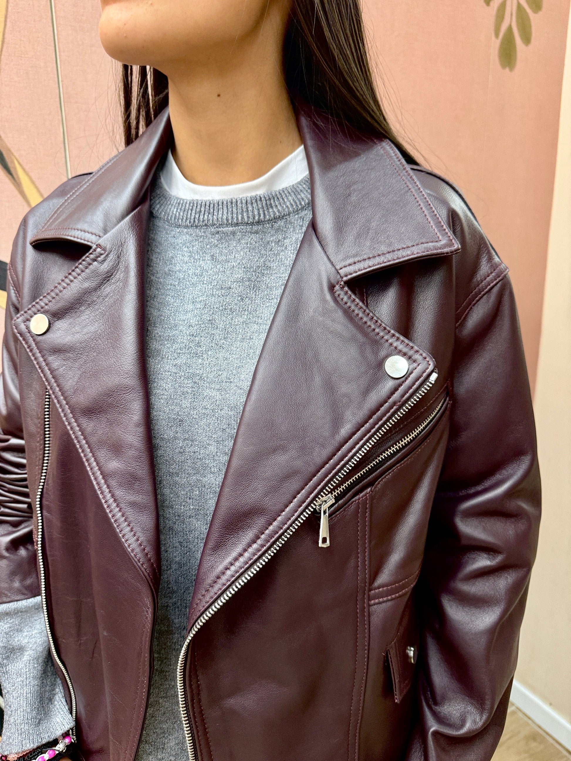 Chiodo over in pelle - MELANZANA